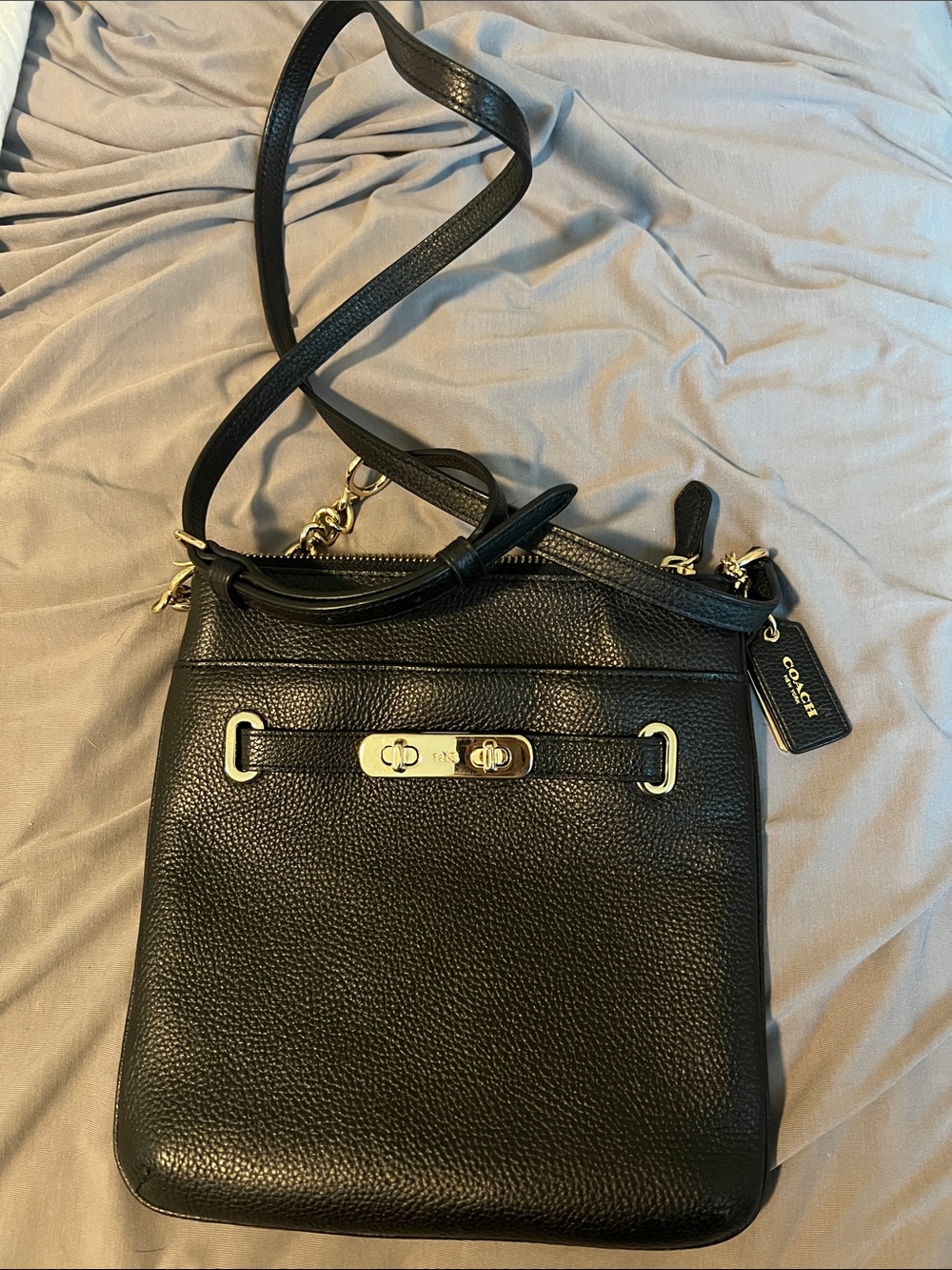 Coach Black Pebbled Leather Crossbody with Gold-Tone Turnlock